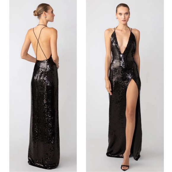 Sau Lee Onyx Sequin Embellished Plunging Deep V High Slit Black Maxi Dress Sz 6